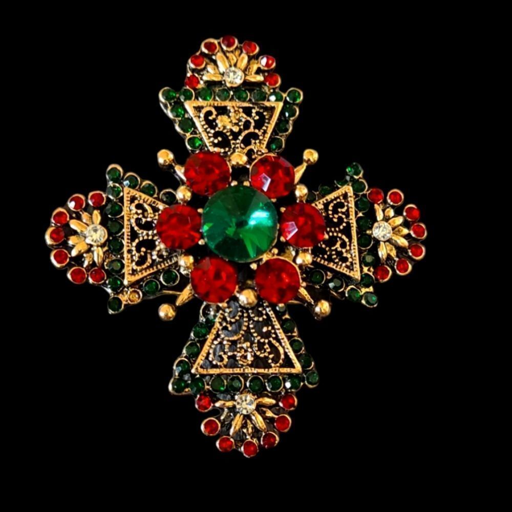 PARIS Brooch Metallic Filigree‎ and Stones Retro Jewel Tones 2x2.5"